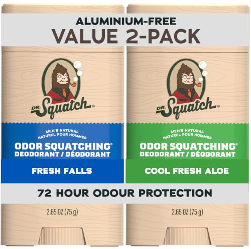 Dr. Squatch Natürliches Deodorant für Männer ohne Aluminium, mit Aktivkohle & Postbiotika für bis zu 72 Stunden Schutz vor Körpergeruch –Cool Fresh Aloe & Fresh Falls, 75g Deo Stick Herren (2er-Pack)