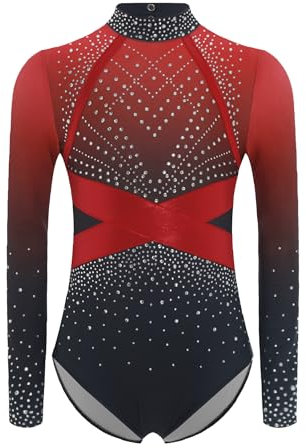 Alvivi Mädchen Turnanzug Glitzer Gymnastikanzug Strass Gymnastik Leotard Langarm Ballettanzug Turntrikot Wettbewerb Tanzkostüm A Rot 134-140