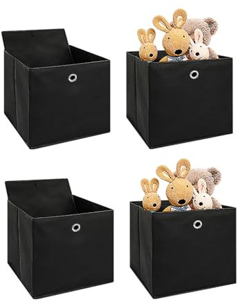 4er Faltboxen – Aufbewahrungsboxen aus Stoff mit Griffloch – Faltbare Würfelboxen für Kallax Regal, Raumteiler, Kinderzimmer & Büro (Schwarz, 32x32x32 cm)