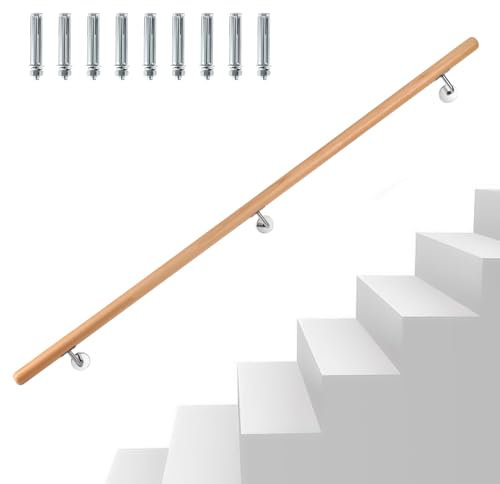 Eikuavons Handlauf Buche Holz, 150cm Geländer Wandhandlauf Wand Treppe mit Wandhalterung und Endkappen, Rutschfester Holzhandlauf Treppengeländer für Treppen Balkon, Runder 42 mm Ø