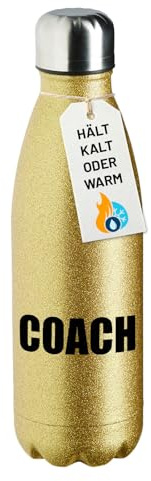 Huuraa Glitzer Trinkflasche Coach Training Geschenk | 500ml Gold Edelstahl Wasserflasche Trinkflasche Gold Geschenkidee Glitzer Thermosflasche Isolierflasche Schraubverschluss