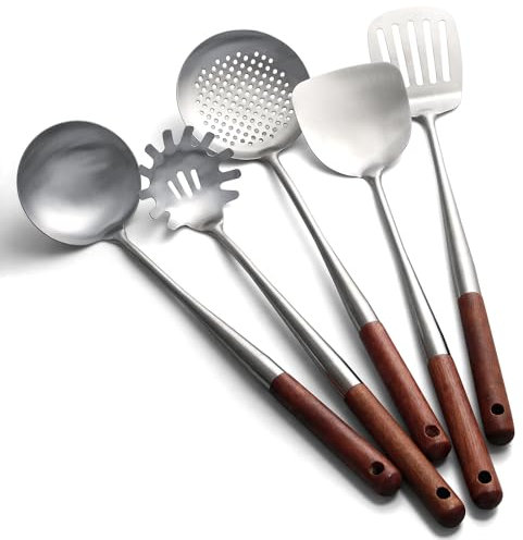 Juego de utensilios de cocina de acero inoxidable, 5 piezas, espátula, cucharón sopa, espumadera, servidor de pasta y espumadera, apto para lavavajillas