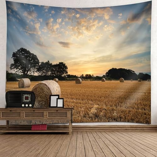 Skcess Tapestries 260 x 240 cm, serviettes murales en polyester, vert, blanc, noir, coucher de soleil, arbres et tas de paille, tapisserie murale