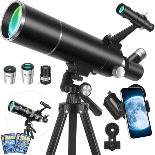 HUGERSTAR Telescopio Astronómico Adultos Profesional, 80/500 mm Refractor Portátil Telescopio Principiantes y Niños con Trípode y Adaptador para Teléfono – Ideal para Observar la Luna y la Naturaleza
