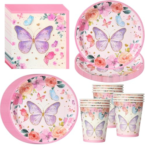 PYAILI 52 Pcs Pink Butterfly Party Tableware Set | with Plates, Cups, Napkins for 16 Guests - Princess Birthday Decoration with Flower Patterns