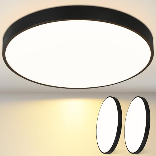 Laittiin Deckenlampe LED Deckenleuchte Flach - 2ER 37CM Schwarz Dimmbar mit | Fernbedienung Schlafzimmerlampe 36W Rund Flurlampe Decke IP44 Badlampe 3000K-6500K Wohnzimmerlampe für Flur Küche Bad