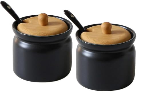 Zbozzba 2er Set Keramik Gewürzdosen,Aufbewahrungsdose, Salztopf, Zuckerdose mit Löffel und Bambus Deckel, Keramik Vorratsdose, für Küche Esszimmer Café,180 ml(Schwarz)