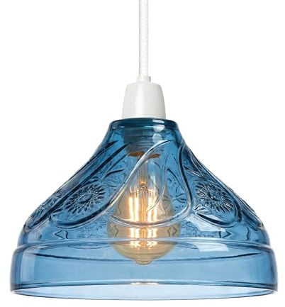 Moderner blauer Glas-Lampenschirm, 24,5 cm breit, einfache Montage, Ersatz-Hängelampenschirm, Blumenmuster-Design, Vintage-Stil, Glas-Hängelampen