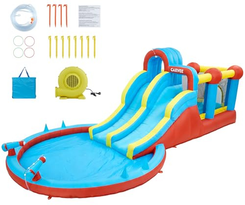8-in-1 Inflatable Kids Bouncy Castle with Water Slide, Climbing Wall, Water Cannon, Tunnel, Sprinkler, Large Pool, Durable Oxford, Blower Included, Indoor/Outdoor Water Park, 722×315×221cm