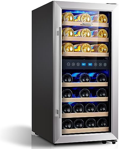 Phiestina Dual Zone Wine Cooler Refrigerator - 33 Bottle Free Standing Compressor Fridge and Chiller for Red and White Wines - 16'' Glass Door Wine Refrigerator with Digital Memory Temperature Control