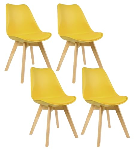 WOLTU Esszimmerstühle 4er Set, Skandinavische Küchenstühle, Retro Design, Sitzfläche aus Kunstleder, mit Massivholz Beinen, bis 150 kg belastbar, Gelb