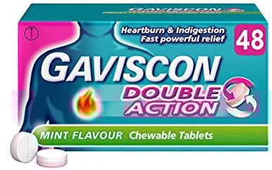 Gaviscon Double Action, Chewable tablets, Mint Flavour, flavour, 48 tablets, Heartburn & Indigestion, Fast powerful relief, Gets to work in minutes, Dual relief on the go, instant Relief