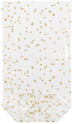HEKU 100er Packung Transparente Bodenbeutel mit goldenen Sternen 235x140x55mm I Stabiler Kreuzboden I Reißfestes Polypropylen Material I Ideal für Weihnachten & selbstgebackene Plätzchen