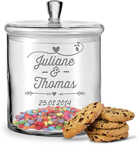 GRAVURZEILE Leonardo Keksglas mit Gravur - Keksdose Bonbonglas mit Deckel - Vorratsdose personalisiert mit Namen & Datum - Geschenk für Paare, zur Hochzeit als Geldgeschenk Farbe Wedding Design