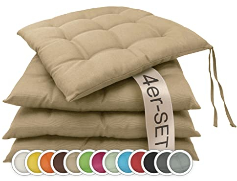 ZOLLNER 4er Set Sitzkissen in 40x40cm - gemütliche Stuhlkissen mit Bindebänder - waschbar bis 30°C - in Sand - Oeko Tex® Zertifiziert