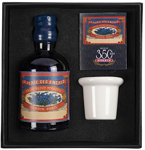 Jacques Herbin 27915T - A special 350th anniversary inkwell set including a porcelain inkwell, instructions and a 100 ml bottle of Forget-Me-Not Blue ink.