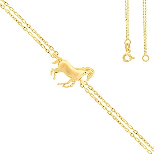 Stella-Jewellery 585er Gelbgold Armband mit Pferd-Anhänger, zweireihige Ankerkette, 16–18,5 cm