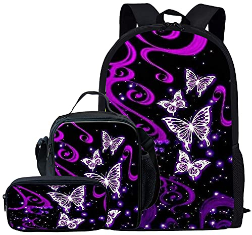 Kuiaobaty Schulranzen Set für Mädchen Jungen 3 in 1 Schultasche mit Lunchtasche Federmäppchen für Mittelschule, violettfarbener schmetterling, Einheitsgröße, Modern