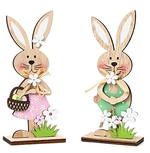 2PCS Decoración de Conejito de Pascua, Conejo Decorativo Pascua, Madera de Decoración de Conejito de Regalo Pascua, Decoración de Mesa Gabinete Interior y Exterior de Pascua