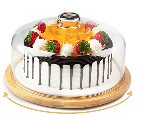 Bamboo Cake Stand with Glass Dome Cover, Rotating Cupcake Plate with Lid, Cake Holder with Turntable Base by ANMEISH (Dome Diameter: 10.2 inch/26 cm)