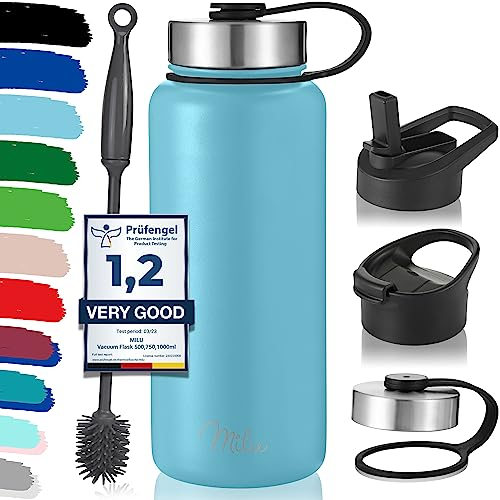 Milu Bouteille en acier inoxydable 500ml, 750ml, 1000ml (+3 couvercles) - Bouteille thermo avec paille, bouteille d'eau, pour boissons chaudes, froides et gazeuses (Bleu ciel, 1000ml)
