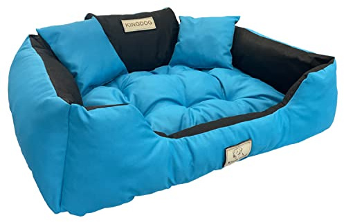 KingDog Hunde- und Katzenbett mit Zwei Kissen Hundekissen Hundekorb Haustierbett Waschbar Wasserdichtes PVC-Material (XL 115x95cm, Blau)