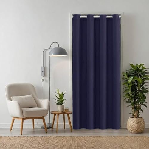 tinycurtains, Türvorhang mit Teleskopstange, einfache Montage in nur 1 Minute ohne Bohren (Türgardine blau H210 x B150 cm + Stange weiß B70-120 cm)