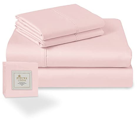 Pizuna Coton Peigné Parure de Lit 180x200 cm Complet Rose Clair, 100% Coton Longue Durée 400 Fils Armure Satin Comprend 1 Drap Housse, 1 Drap Plat, 2 Taie d'oreiller (Coton Draps 2 Personnes)