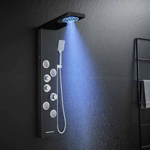 KINKIBOS LED Schwarz Duschpaneel mit Thermostat, 6 Funktionen Duschpaneel mit Regen&Nebeldusche, 4 Massagedüsen, Handbrause und Wanneneinlauf, Duschsäule aus Edelstahl 304