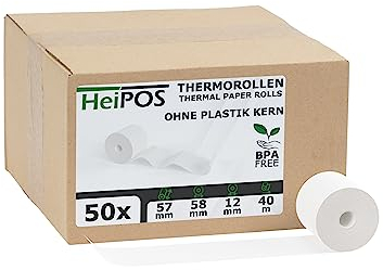 HeiGroup - HeiPOS 50x Thermorollen ohne Plastikkern - 57mm x 40m, Rollen Ø 58mm, Kern Ø 12mm, Flächengewicht 52 g/m2, Dicke 60 µm, 10 Jahre Haltbarkeit