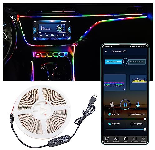 LOAMLIN 5mm Breite Smarte Musik LED Innenbeleuchtung Auto, 5M RGB+IC Innenraum COB Auto Lichter mit APP Steuerung Traumfarbene Ambientebeleuchtung Auto für alle Cars, DC5V USB Eingang