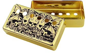 Guyker Humbucker Pickup Cover (50mm/52mm Pole Spacing) - Cupronickel Bridge and Neck Pickups Frame Set Replacement Parts for Les Paul LP Style E-Gitarre, Three Skull Pattern, Gold