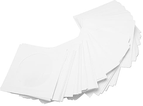 100er Pack CD/DVD Papierhüllen, Disc Hüllen mit Klappe und Offenem Fenster, Wiederverwendbare Staubdichte CD Hülle, Hochwertige Dicke Disc Papiertüte für 8cm Discs, weiß