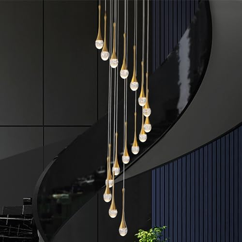 Pendelleuchte 305Cm Lange Regentropfen Kristall Kronleuchter,16 Lichter Dimmbar LED Gold Treppen-Kronleuchter,Lampen für Dekoratives Villa Decken,Foyer,Treppenhaus,Wohnzimmer,Loft-Deckenleuchten,80W
