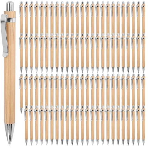 Torribaly Set di 100 penne a sfera personalizzate, inchiostro blu, 1 mm, penna a sfera in bambù