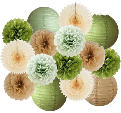 Olive Green Party Decorations Sage Green and Brown Party Decorations Champagne Paper Lanterns Tissue Paper Pom Poms Cream Fans for Jungle Woodland Baby Shower Birthday Wedding Bridal Shower Engagement