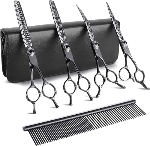 DRGSKL Hundepflege Schere Set Multicolour Premium gerade Ausdünnung gebogene Chunker Schere für Hund Katze Japanisch 440C Edelstahl Schwarz