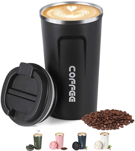 Shunshi Insulated Coffee Cup with Leakproof Lid - Reusable Travel Mug - Keeps Drinks Hot or Cold (Black/510ML)