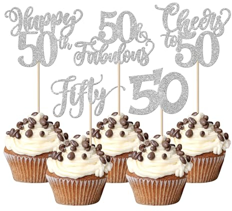 SYKYCTCY 30 Pack 50th Birthday Cupcake Toppers Glitter Fifty Fabulous 50 Cheers to 50 Cupcake Picks Happy 50th Birthday Cupcake Decorations Anniversary Party Supplies Silver