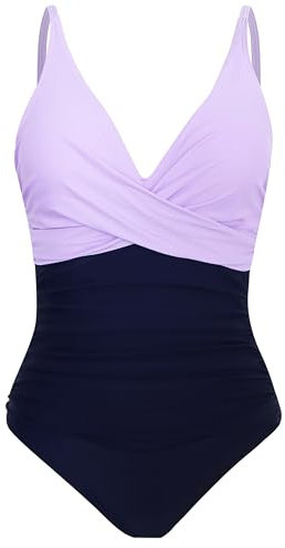Laorchid einteiliger Badeanzug bademode v Ausschnitt Damen Badeanzug bauchweg Push up Bademode Swimsuit high Waist Schwimmanzug Dunkel Violett mit dunkel Blau XL