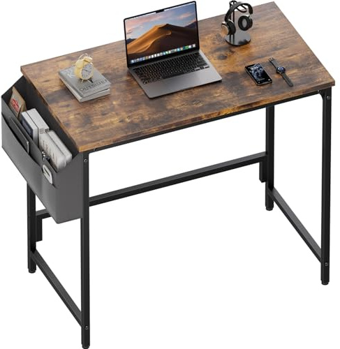 HLFURNIEU Scrivania Piccola, 80 x 50 cm Scrivania Ufficio con Borsa Portaoggetti, Tavolo da Lavoro per Ufficio Domestico, Soggiorno, Piccoli Spazi, Struttura Metallica, Marrone Vintage