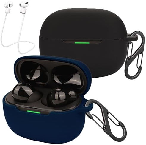 easyBee 2 Pacchi Cover Custodia in Silicone Compatibile con Xiaomi Redmi Buds 5 Pro Cuffie Bluetooth e 2 Moschettone Portachiavi 2 Cinturino Anti-perdita, Protezione Completa Antiurto - Nero e Blu