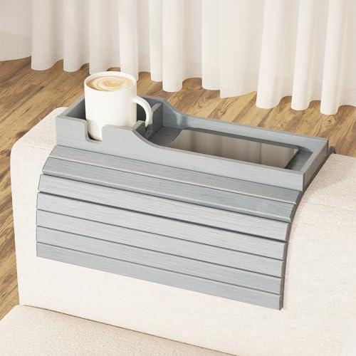 SpaceAid Bamboo Cup Holder, for Sofa, Anti-Fall, Foldable, with Cup Holder, Sofa Armrest, Beverage Organizer, Cups, Remote Snack Holder (Gray)
