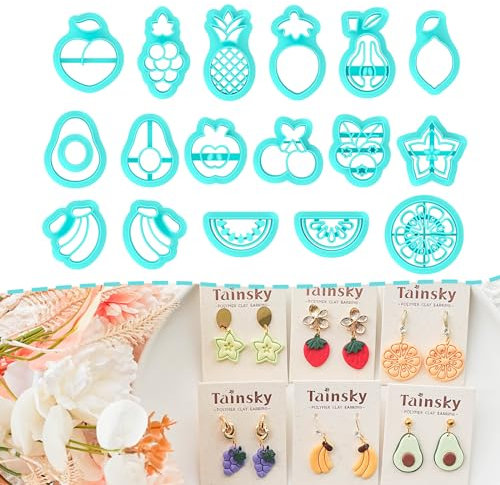TAINSKY Obst-Ton-Ausstechformen – 17 Formen, Ohrringherstellung, Erdbeer- und Zitronen-Tonschneider für Polymer-Schmuck