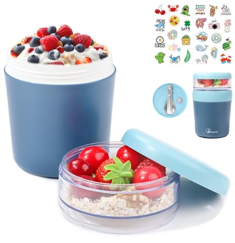 Bugucat -Tazza per muesli, yogurt to go, 150 ml + 500 ml, a prova di perdite, contenitore per il pranzo con cucchiaio, per frutta o insalata, da viaggio, adatta per porridge, colore blu
