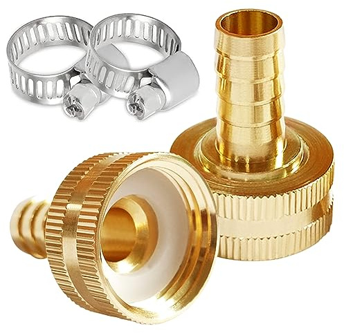 Uenede 2PCS Brass 5/8 Barb to 3/4 GHT Female Garden Hose End Connector Splicer Mender Repair Fitting Include 2 Stainless Steel Clamps