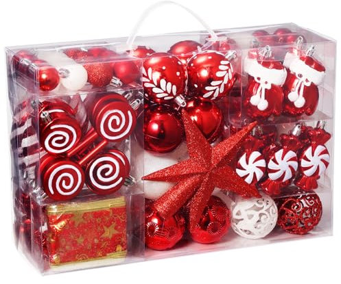 AMLOOPH 131pcs Christmas Tree Decorations Set, Red And White Christmas Baubles Ornaments, Shatterproof Baubles With Ribbon, Tree Topper, Wreath Decorations