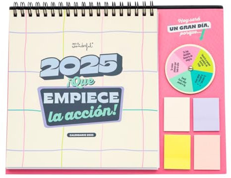 Mr. Wonderful - Calendario de Sobremesa con Ruleta 2025-2025: ¡Que empiece la acción! - Incluye 2 Blocs de Notas Adhesivas y 4 Hojas de Pegatinas