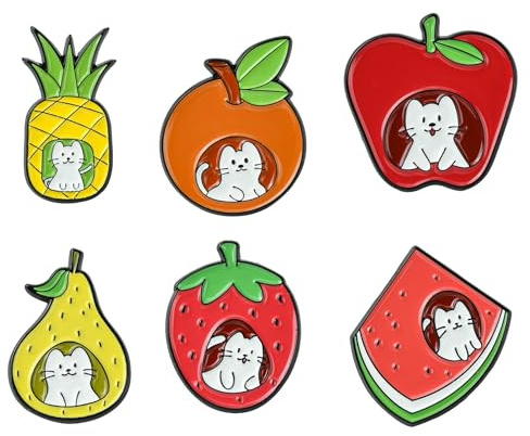 Stiesy Emaille-Anstecknadel-Set mit Cartoon-Früchten und Katze, süßes weißes Kätzchen, Anstecknadel-Set für Hüte, Kleidung, Rucksack, Taschen, Schmuck, Basteln, passend für Männer, Frauen, Jungen und