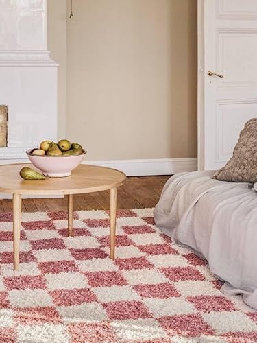 RugVista Chessie Teppich, 140 x 200 cm, Rosa/Off Weiß | Moderne, Rechteckig, Niedriger Stapel, Nur chemische Reinigung, Oeko-Tex 100, Wohnzimmer, Schlafzimmer